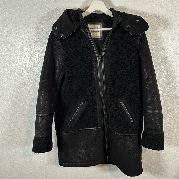 Abercrombie & Fitch Black Long Line Sherpa Faux Suede 2 Way Zip Winter Coat - Picture 1 of 8